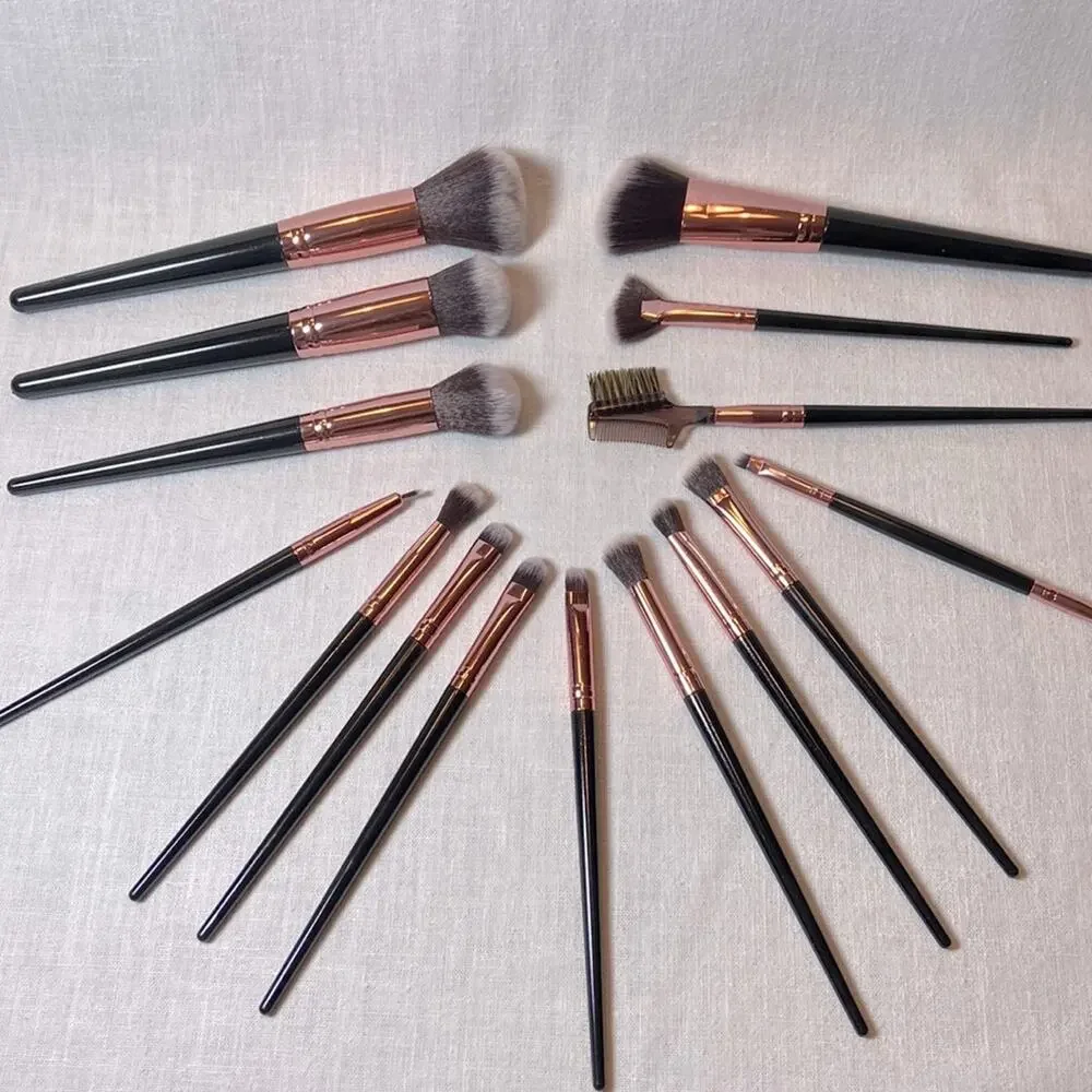 Makeup Brush Set 15 pc Brushes Black Handle Rose Gold Metal with Storage Bag